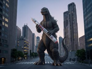 Monstro no estilo Godzilla segurando uma caneta gigante de emagrecimento numa avenida cercada de arranha-céus